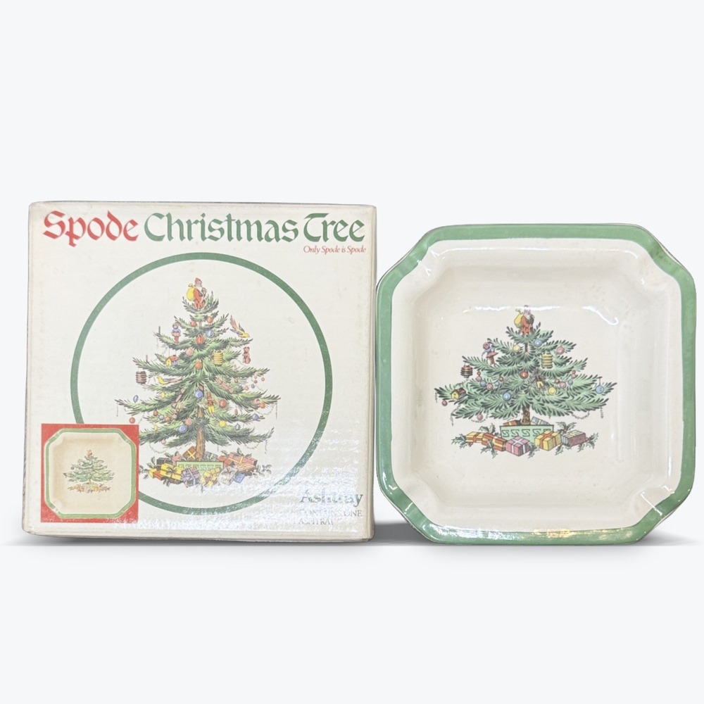Vintage Spode England Ashtray Christmas Tree Square Green Trim England Size 4.5"